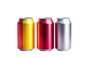 Three colorful aluminum cans in yellow, red, and silver arranged in a row isolated on transparent background. Beverage container, drink packaging. png