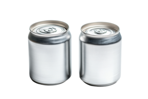 Two blank silver soda cans on transparent background. Minimalistic design perfect for branding or product mockup. png