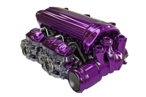 Shiny purple high-performance car engine on a transparent background. isolated automotive component for sports cars and engineering enthusiasts. png