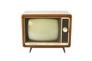 Vintage retro television set with wooden surround and analog knob, isolated on transparent background. for nostalgic media and decor purposes. png