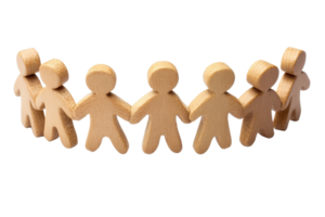 Wooden cutout figures holding hands in a circle, symbolizing unity, teamwork, and community. Ideal for concepts of togetherness and collaboration. png