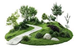 Serene path winding through a lush, green landscape with trees, shrubs, and rocks. Ideal for nature and garden-themed projects. png