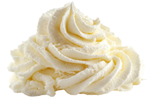 Close-up of fresh, creamy whipped cream swirl against a transparent background. perfect for dessert and culinary visuals. png
