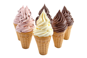 Delicious assortment of vanilla, chocolate, and strawberry ice cream cones with wafer cones arranged for a sweet treat delight. png