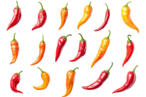Bright and vibrant assortment of red and yellow chili peppers with various shapes and sizes isolated on a transparent background. png