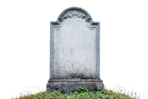 Old weathered gravestone in overgrown grass, isolated on transparent background. Ideal for concepts of mortality, history, and heritage. png