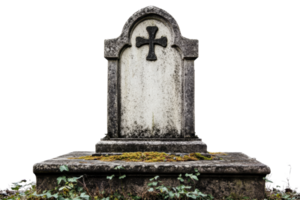 Old weathered gravestone with a cross, covered in moss and vines, symbolizing remembrance, history, and respect in a cemetery setting. png
