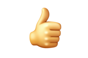 Close-up of a thumbs up emoji on a transparent background, representing approval, success, and positivity in a digital format. png