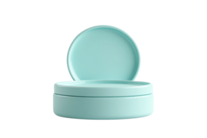 Minimalist turquoise round container with an open lid. Ideal for cosmetics, creams, or small objects. Modern and simple design. png