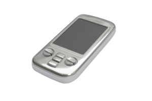 Isolated image of a silver handheld electronic device with buttons and a screen, representing early tech gadgets or portable gaming devices. png