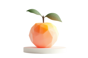 Geometric low-poly peach with leaves on a white platform, isolated on transparent background. Modern minimalist design, perfect for digital art or decor. png