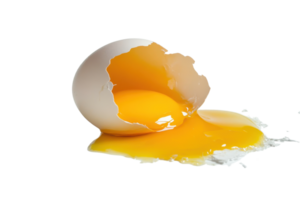 High-resolution image of a broken egg with yolk and egg white spilling out. Perfect for food and cooking themes. png