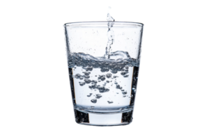 Fresh water being poured into a clear glass, showcasing bubbles and motion. Isolated on transparent background. ideal for hydration and purity concepts. png