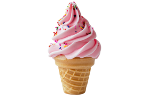 Delicious pink soft-serve ice cream cone with colorful sprinkles on a waffle cone, isolated on transparent background. perfect for desserts and summer treats. png