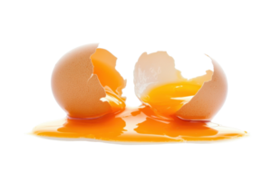 Close-up of a broken egg with yolk and shell on a transparent background. Ideal for culinary, cooking, and food-related themes in stock photos. png