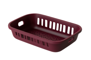Empty maroon plastic basket with handles, perfect for laundry or storage, isolated on a transparent background. in a studio setting. png