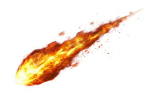 Dynamic fiery meteor flying through space with a blazing trail, showcasing a dramatic cosmic event and energy in motion. png