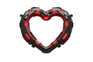 Futuristic heart shape with glowing red lights and black metallic elements, representing technology and modern design in a unique style. png