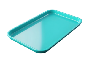 Empty blue-green rectangular plastic tray with smooth surface and raised edges, isolated on transparent background. png