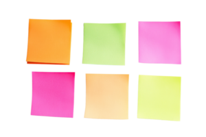 Colorful sticky notes, organized in two rows. Ideal for reminders, messages, and organization in office settings. png
