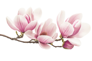 Close-up of elegant pink magnolia flowers on a branch isolated on a transparent background. symbolizing beauty and nature. png