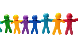 Colorful paper cutouts of people holding hands in a line representing diversity, teamwork, inclusion, unity, and community. png