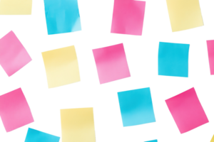 Colorful sticky notes scattered on a transparent background. Vibrant blue, pink, and yellow paper creating a playful and organized workspace. png