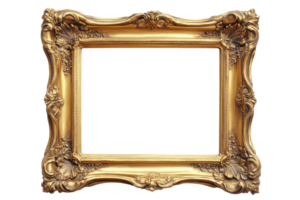 Elegantly crafted empty gold frame with intricate details, ideal for art or photo display, isolated on transparent background. png