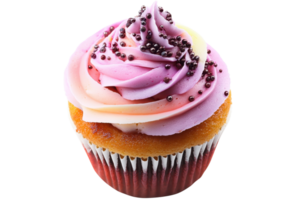 Delicious vanilla cupcake with pink and purple frosting swirl, topped with chocolate sprinkles, isolated on a transparent background. png