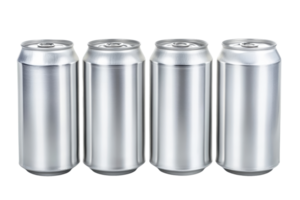 Four blank aluminum cans in a row isolated on a transparent background. ready for branding or design template. png
