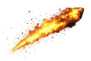 Dynamic fiery comet blazing through the dark space with bright flames and an intense trail, creating a spectacular celestial display. png