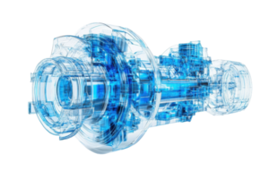 Futuristic transparent technical illustration of an industrial mechanical component with blue highlights on a transparent background. png