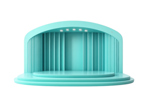 Minimalist turquoise exhibition stand with a unique arch design, perfect for product displays and presentations. png