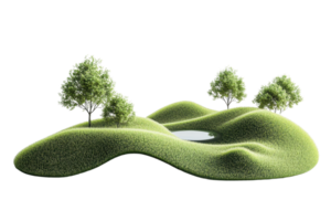 Isolated 3D rendering of a small grassy landscape with trees and a pond, perfect for nature and scenery concept designs. png