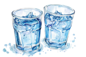 Illustration of two glasses filled with fresh cold water and ice cubes, capturing hydration and refreshment in clear, artistic detail. png