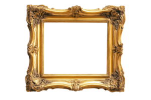 Elegant, vintage-style gold picture frame with ornate detailing, isolated on a transparent background. Perfect for artwork, photography, and design projects. png