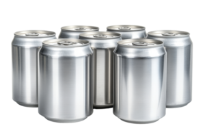 Group of blank aluminum cans. Perfect for beverage branding, packaging mockup, or design presentation in a clear background setting. png