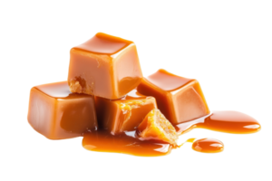 Close-up of delicious caramel cubes with dripping caramel sauce, highlighting their rich and indulgent texture. Perfect for confectionery themes. png