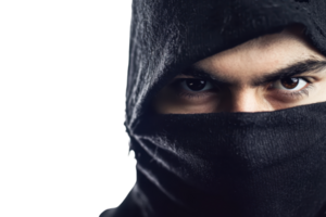 Close-up of a mysterious person with intense eyes covered by a black cloth, conveying secrecy and intrigue against a dark background. png