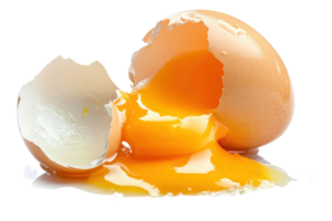 Close-up of a broken egg with yolk and egg white spilling out. Perfect for culinary, cooking, and food-related concepts. png