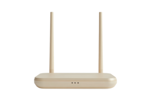 Modern beige wireless router with two antennas isolated on a transparent background. Ideal for network, technology, and connectivity themes. png