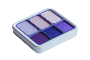Closeup of purple eyeshadow palette with six shades in a white container, isolated on a transparent background. ideal for beauty and makeup concepts. png