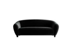 Modern black sofa with curved arms and sleek design, ideal for sophisticated and stylish home interiors or office spaces. png