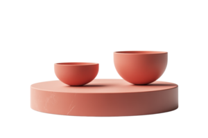 Minimalist pink pedestal with marbled texture displaying two round bowls. Elegant design for home decor or product presentation. png