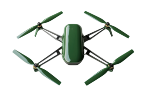 Green quadcopter drone with four propellers viewed from above, isolated on transparent background. High-tech gadget for aerial photography and videography. png