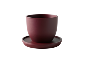 Minimalist dark red ceramic planter with matching saucer on transparent background. perfect for home and garden decor enthusiasts. png