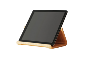 Modern tablet on a wooden stand isolated on transparent background. Perfect for digital or technology-themed content and presentations. png
