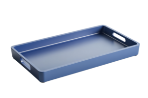 Blue plastic serving tray with handles on a transparent background. Perfect for holding food, drinks, or utensils. Simple and modern design. png