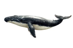 A high-resolution image of a majestic humpback whale swimming in clean, calm ocean waters, showcasing its distinct features. png