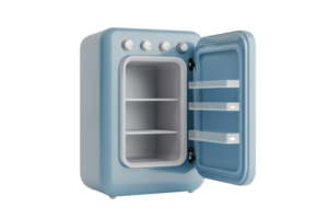 Retro style blue refrigerator with an open door, displaying empty shelves and compartments, isolated on a transparent background. png